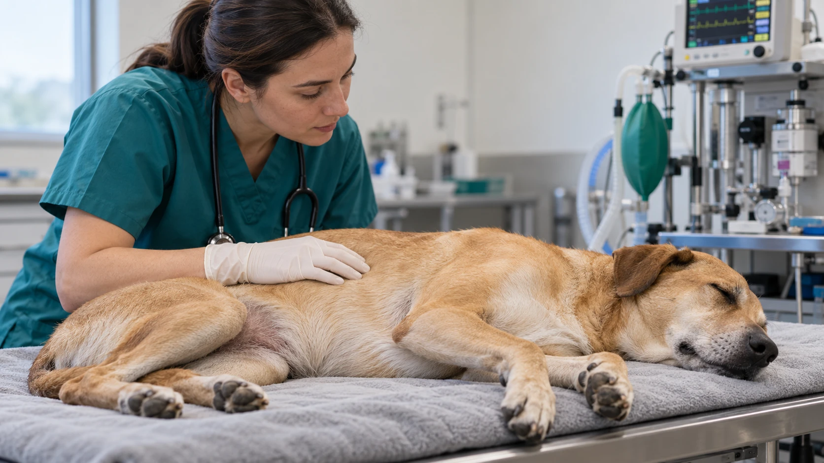 Ilustración de un perro recostado en una mesa veterinaria bajo observación profesional.