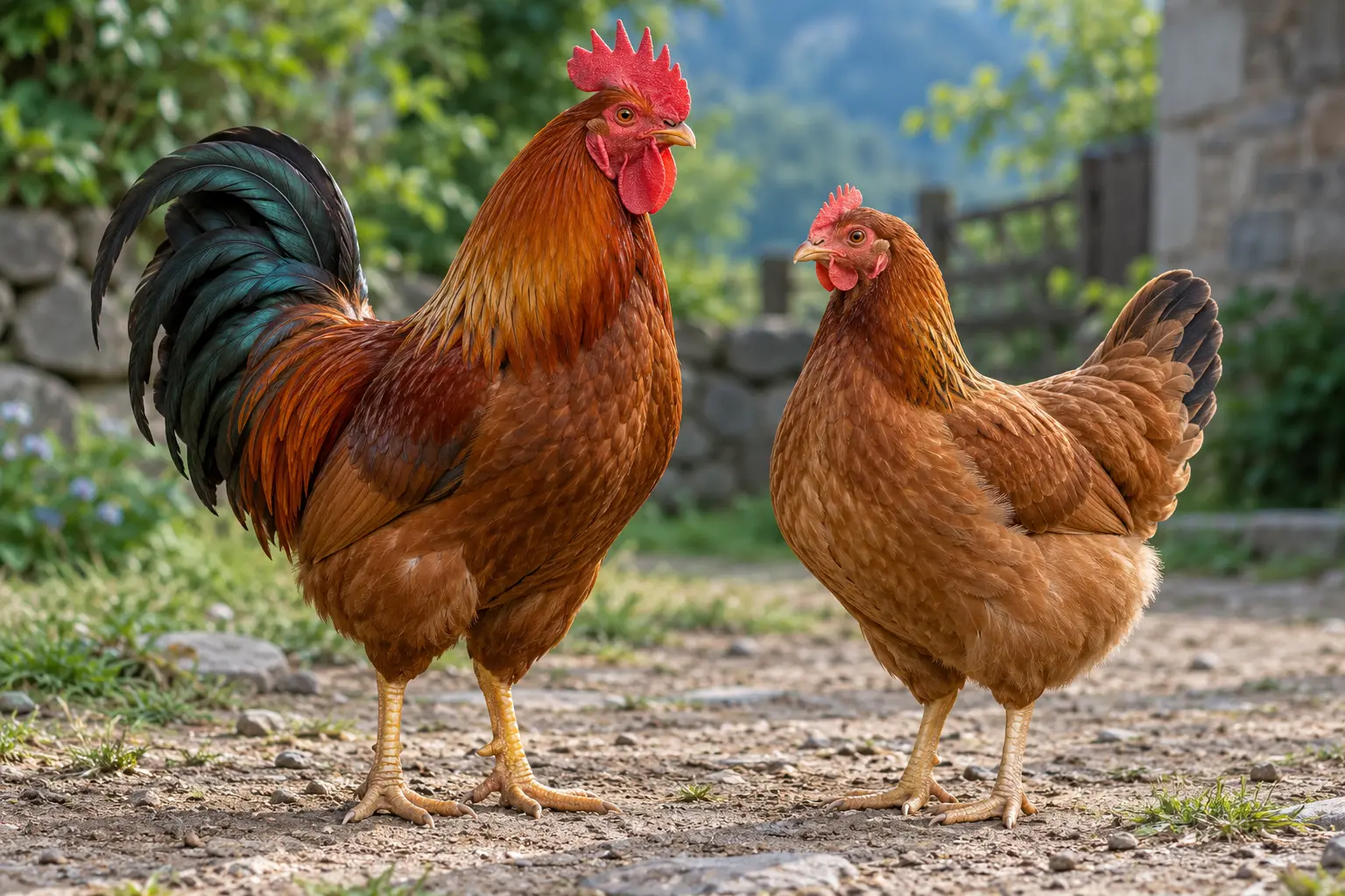 Ilustración generada con IA de un gallo y una gallina como ejemplo del sistema aviar ZZ/ZW.