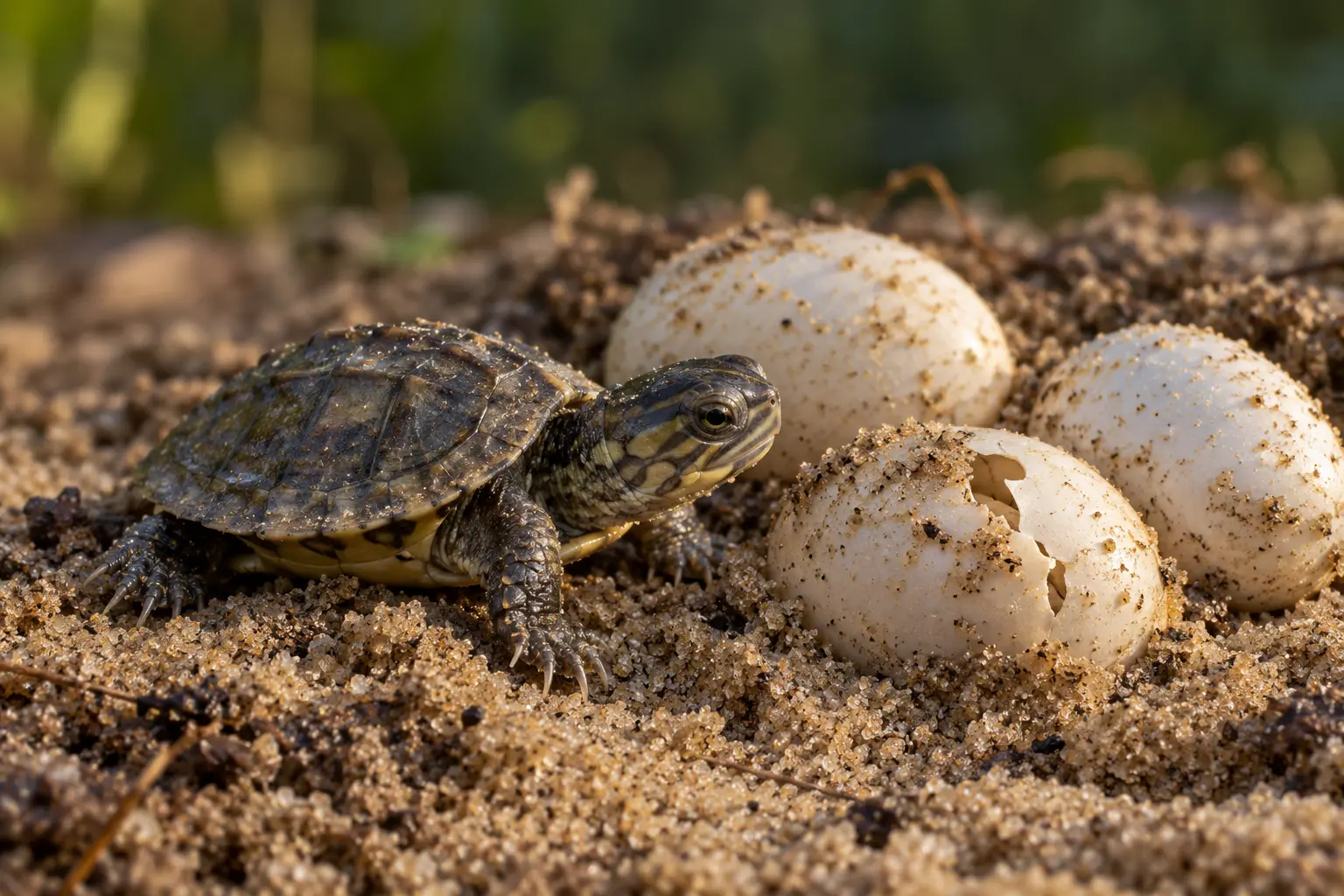 Ilustración generada con IA de una tortuga y huevos; contextualiza la incubación, sin indicar temperaturas ni predecir el sexo.